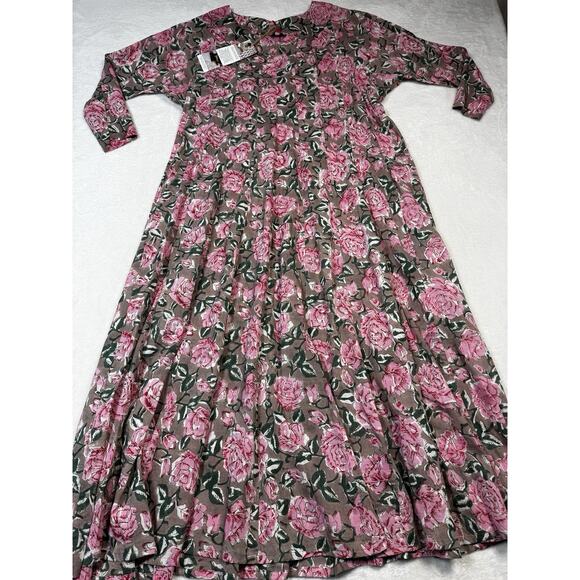 Paisley & Pomegranate Nila Rubia Hand-Block Floral Maxi Dress Taupe Pink LG - Picture 1 of 8